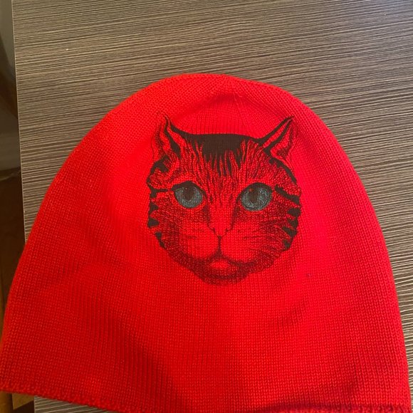 Gucci Cap/Benie M Wool Red with cat print - Picture 2 of 4